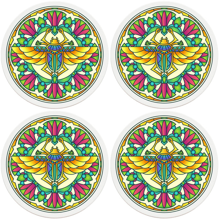 4" Round Ceramic Coasters - Mandala Scarab, 4/Box, 2/Case, 8 Pieces