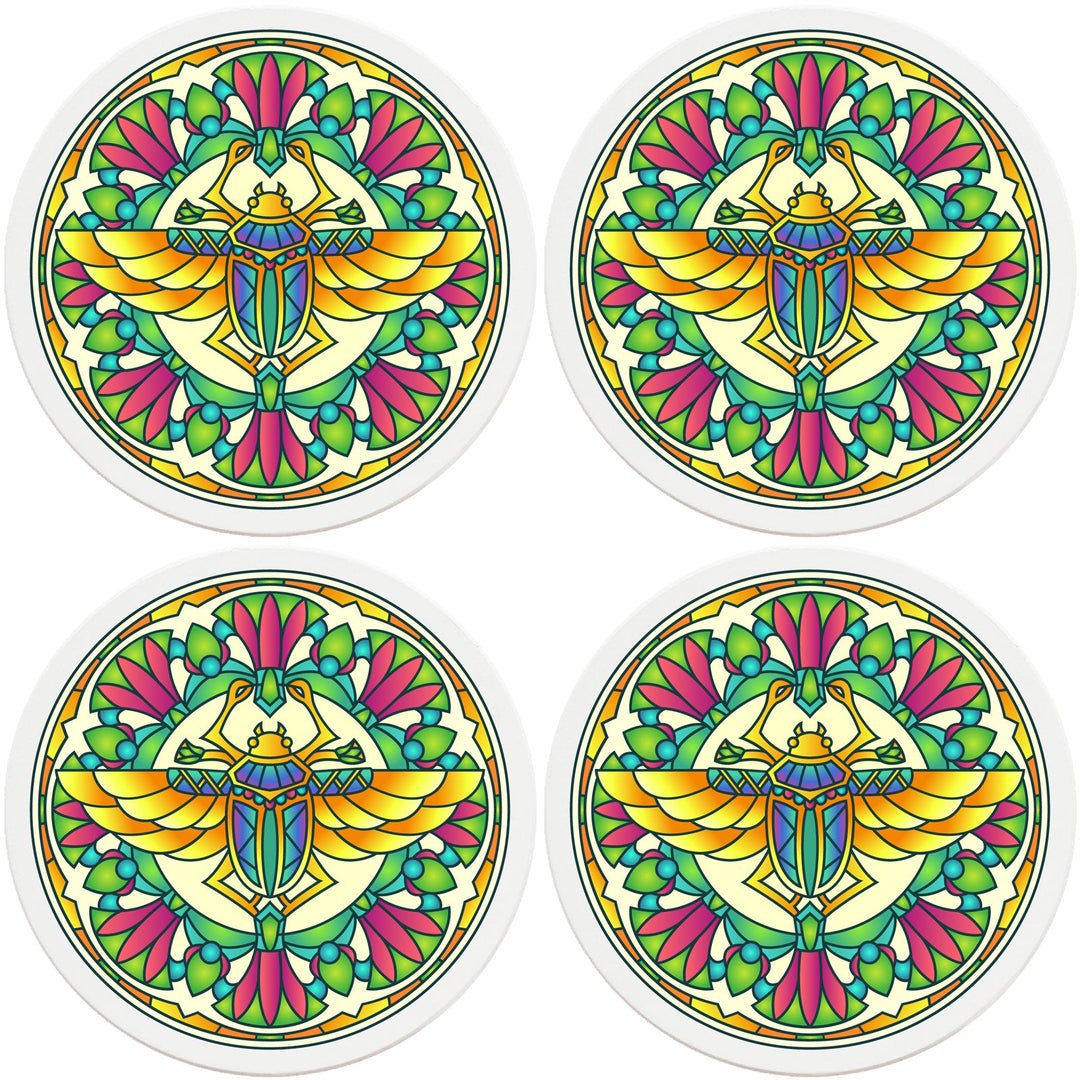4" Round Ceramic Coasters - Mandala Scarab, 4/Box, 2/Case, 8 Pieces