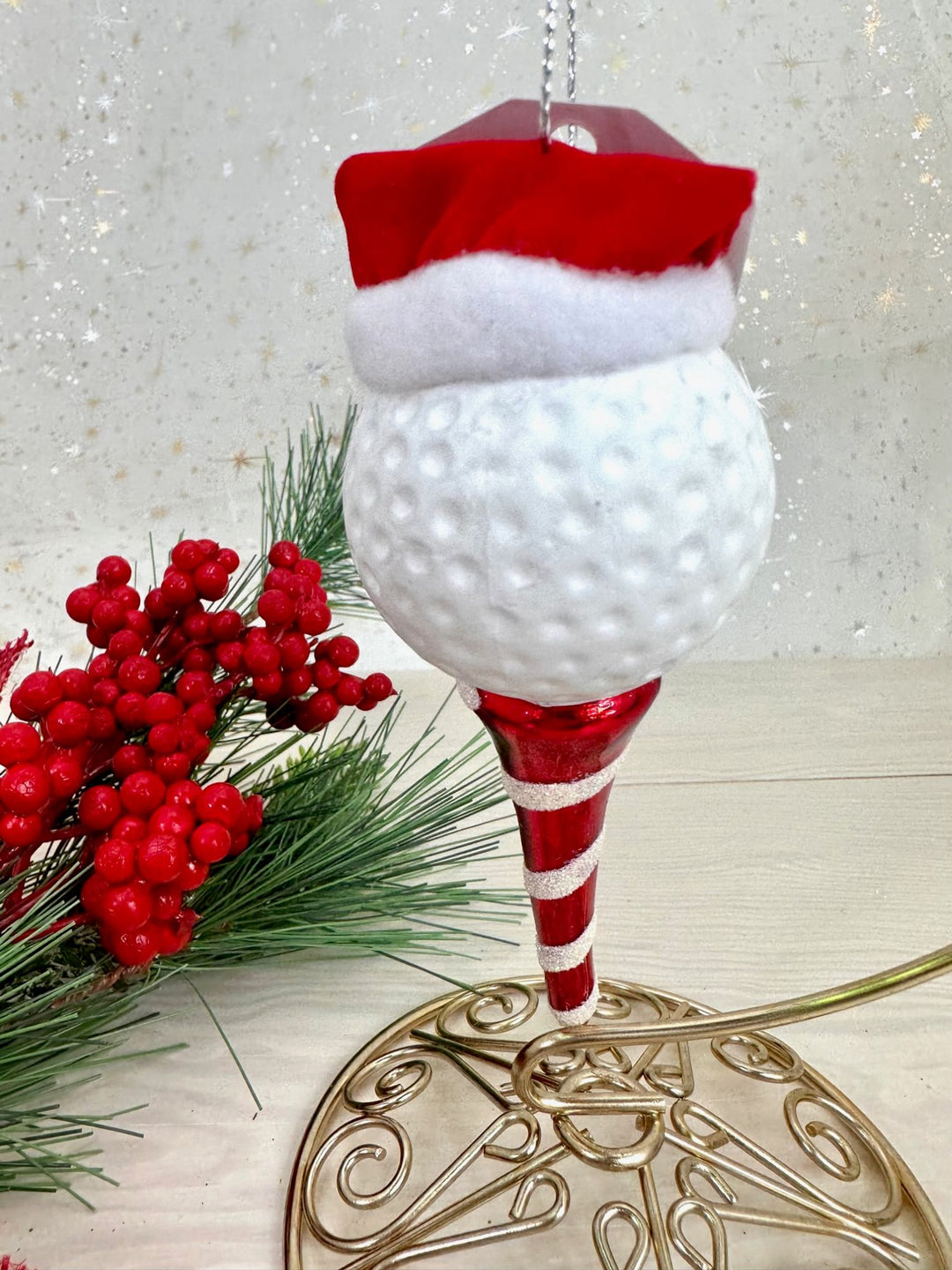 Golf Ball and Tee with Santa Hat Figurine Ornaments, 1/Box, 6/Case, 6 Pieces