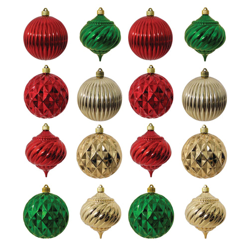 6" (150mm) Shatterproof Shapes Ornament Assortment, Red/Green/Gold, 1/Ea, 16/Case, 16 Pieces