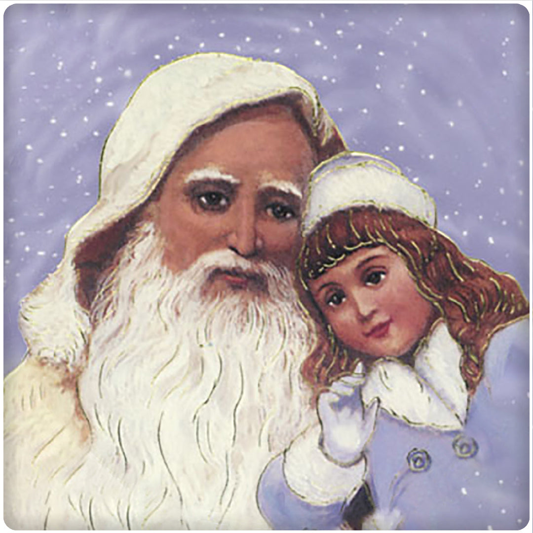4 Inch Square Ceramic Coaster Set, Historic Santa with Child - Purple, 2 Sets of 4, 8 Pieces