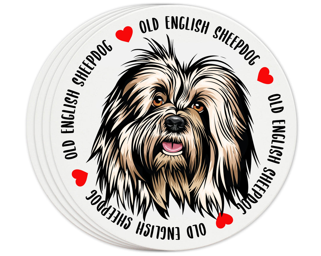 [Set of 4] 4 inch Round Premium Absorbent Ceramic Dog Lover Coasters - Old English Sheepdog