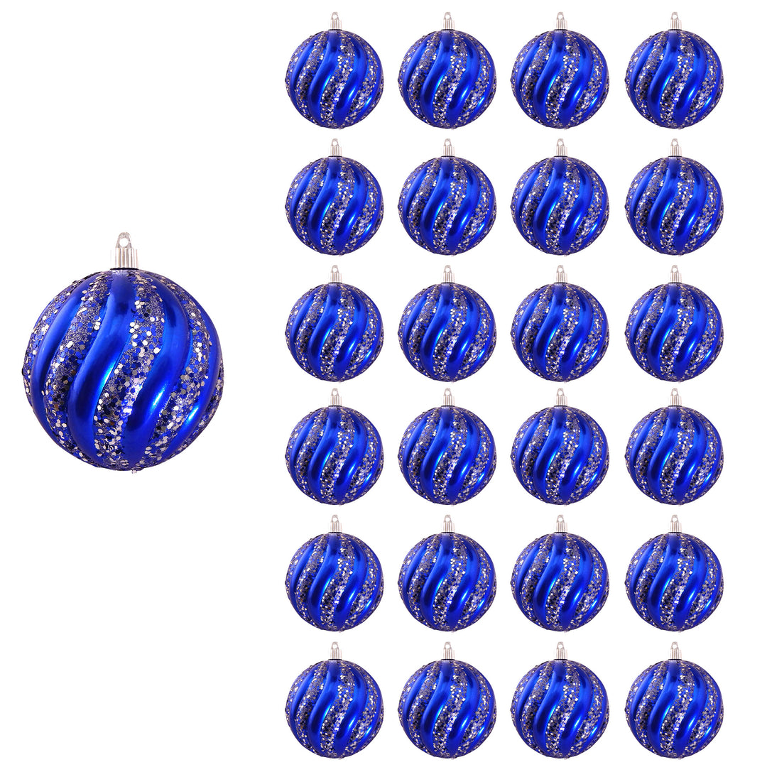 4 3/4" (120mm) Jumbo Commercial Shatterproof Ball Ornament, Azure Blue with Mixed Blue / Silver Glitz Swirls, Case, 24 Pieces