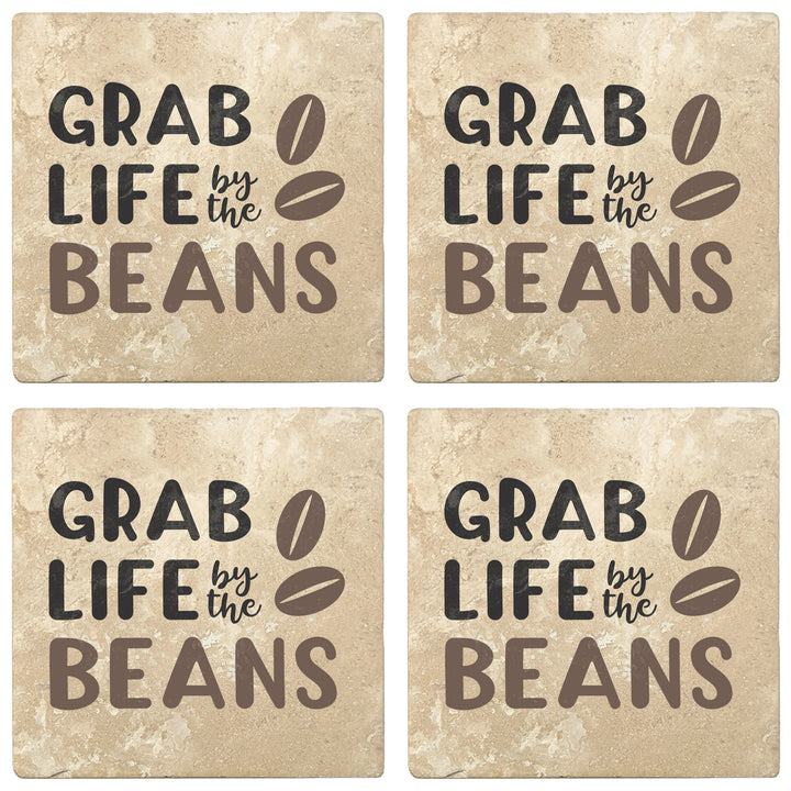 4" Absorbent Stone Coffee Gift Coasters, Grab Life By The Beans, 2 Sets of 4, 8 Pieces