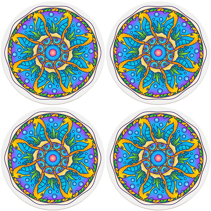4" Round Ceramic Coasters - Mandala Seahorse, 4/Box, 2/Case, 8 Pieces