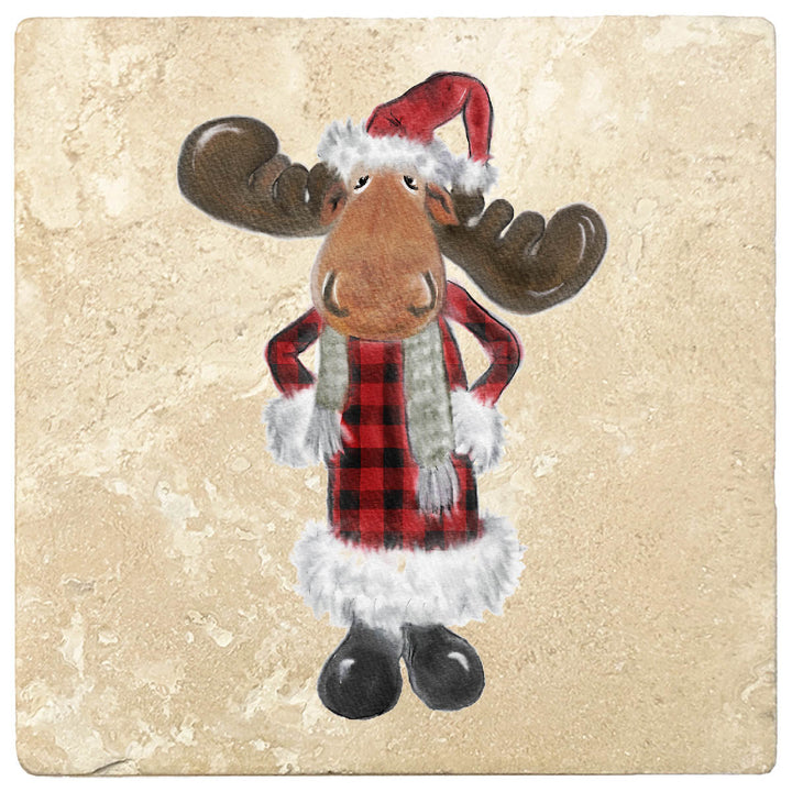4" Christmas Holiday Travertine Coasters - Moose in Santa Costume, 2 Sets of 4, 8 Pieces