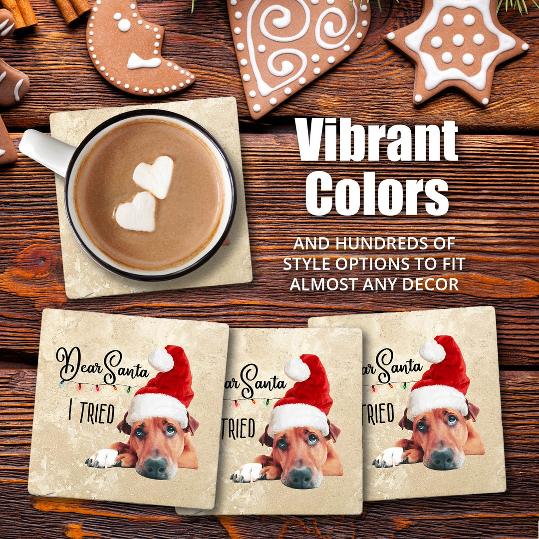 4" Christmas Holiday Travertine Coasters - Dear Santa, 2 Sets of 4, 8 Pieces