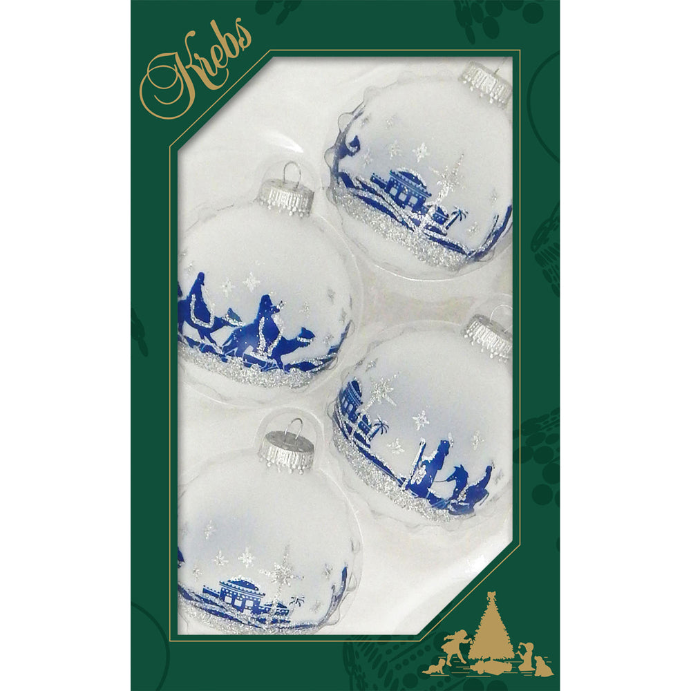 2 5/8" (67mm) Ball Ornaments Frost with Blue / Silver Bethlehem Scene, 4/Box, 12/Case, 48 Pieces