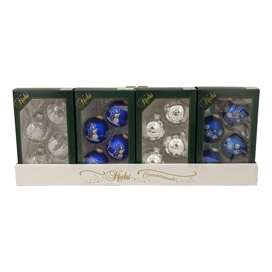 2 5/8" (67mm) Glass Ball Ornaments, Blue/Silver/White Assortment, 4/Box, 12/Case, 48 Pieces