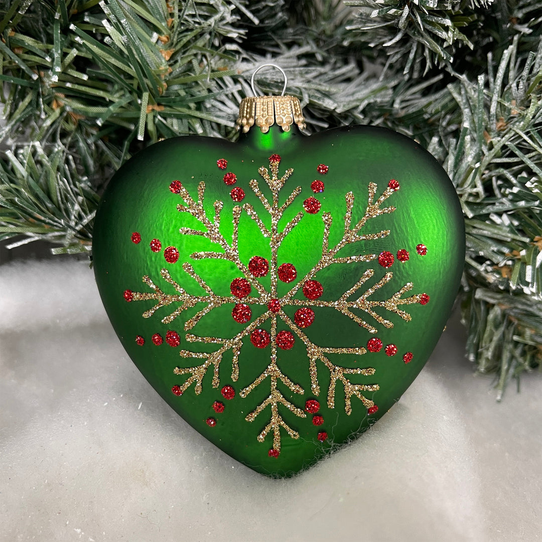 3.75" Christmas Night Green Hearts with Snowflake, set of 2, Green/ Gold/ Red,  Figurine Ornaments, 2/Box, 6/Case, 12 Pieces