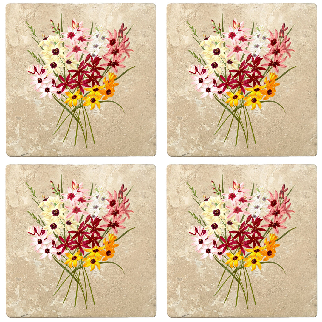 4" Absorbent Stone Flower Designs Drink Coasters, Hybrid Ixias, 2 Sets of 4, 8 Pieces