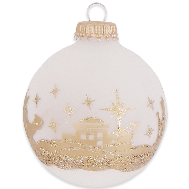 2 5/8" (67mm) Ball Ornaments Frost with Gold Bethlehem Scene, 4/Box, 12/Case, 48 Pieces