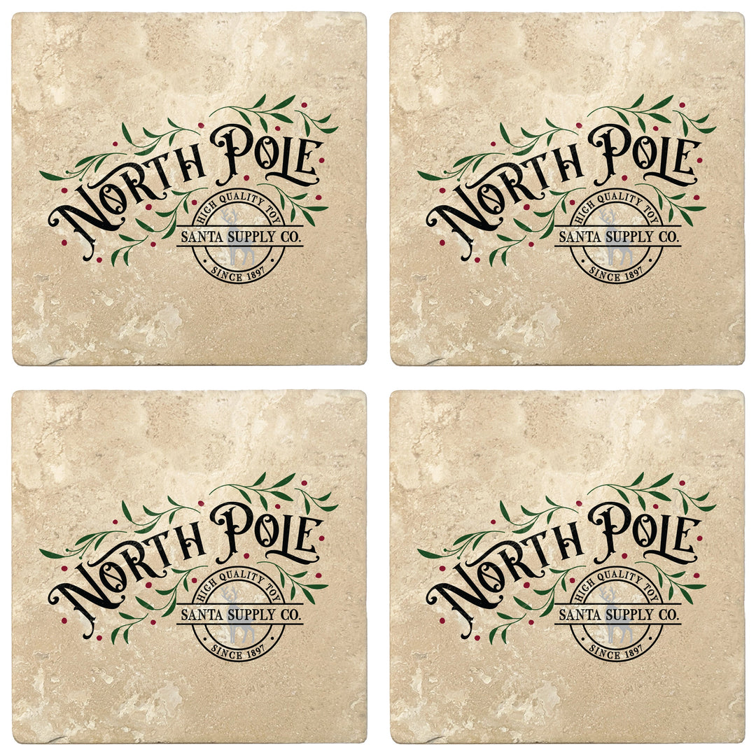 4" Absorbent Stone Christmas Drink Coasters, North Pole Santa Supply Company, 2 Sets of 4, 8 Pieces