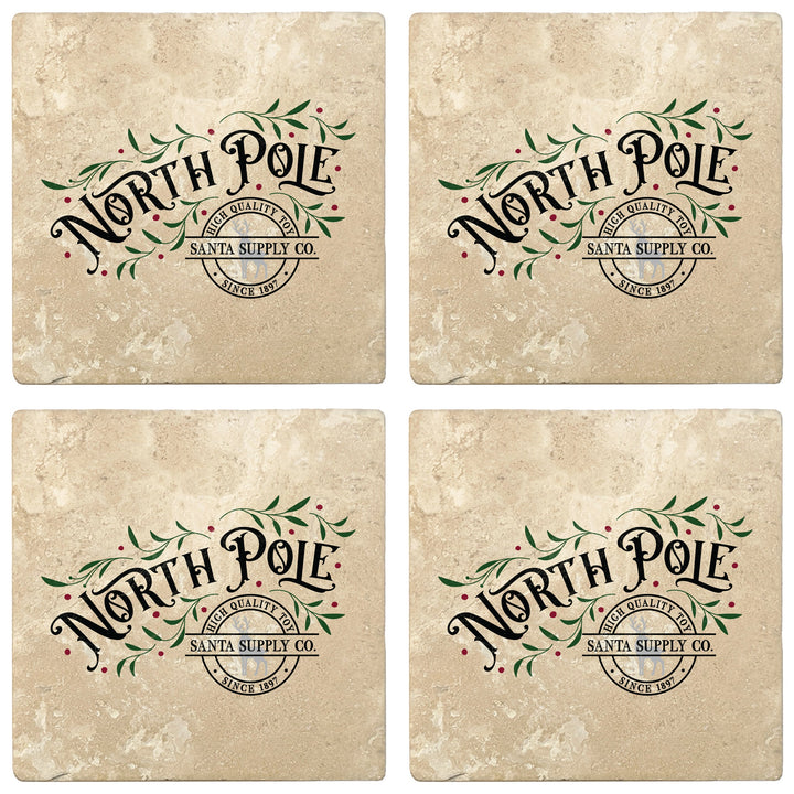 4" Absorbent Stone Christmas Drink Coasters, North Pole Santa Supply Company, 2 Sets of 4, 8 Pieces
