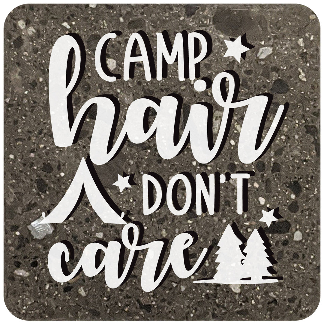 4" Square Black Stone Coaster TV Camp Hair Don't Care, 2 Sets of 4, 8 Pieces