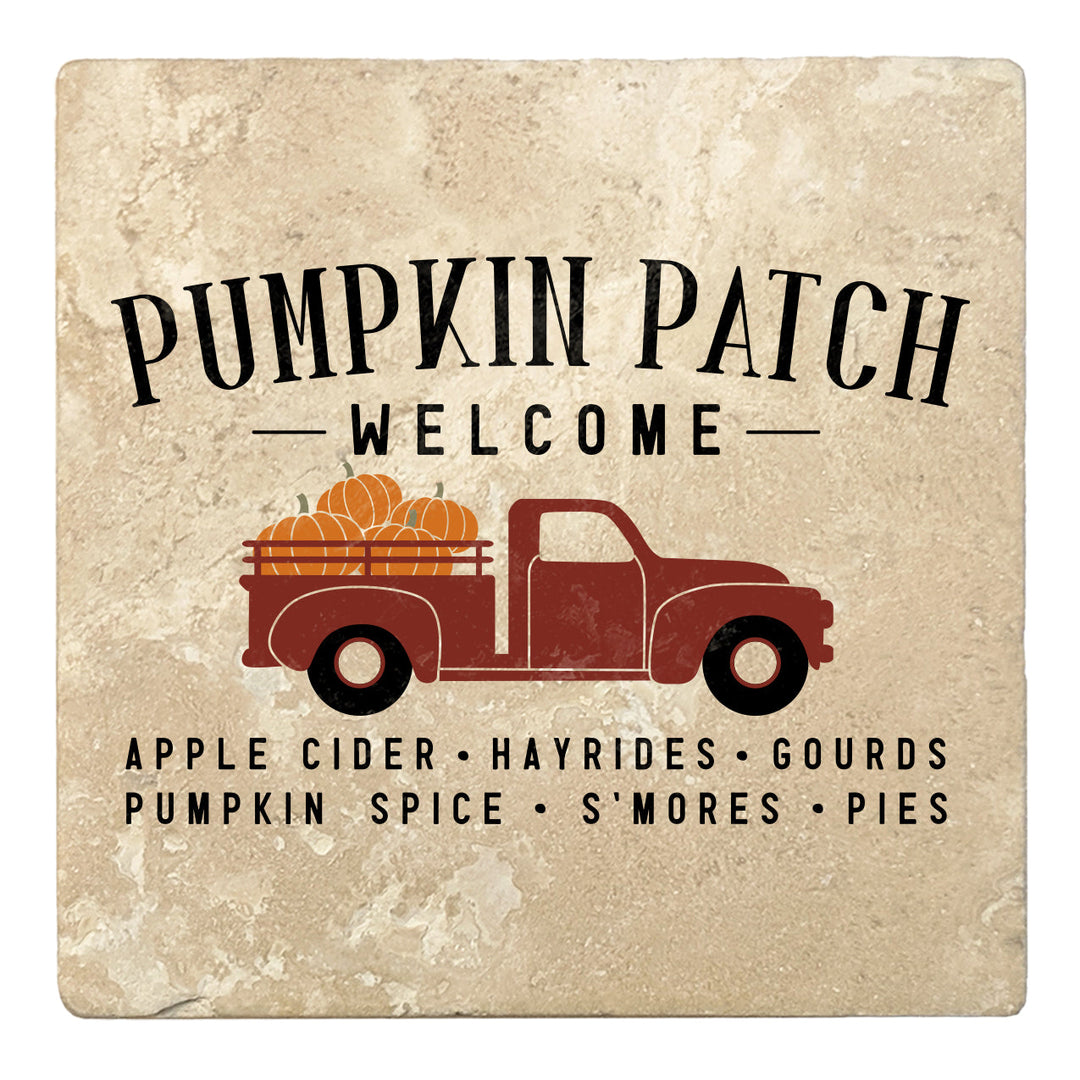 4" Absorbent Stone Fall Autumn Coasters, Pumpkin Patch Welcome - Truck, 2 Sets of 4, 8 Pieces