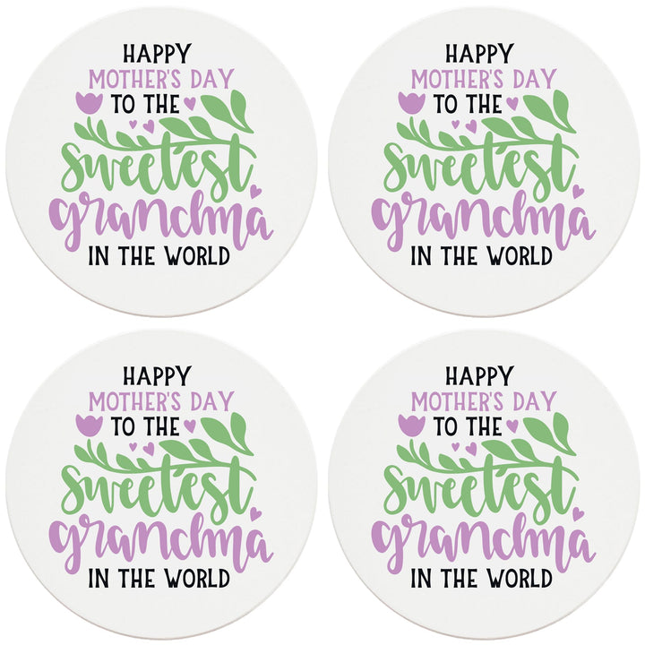 4" Round Ceramic Coasters - Happy Mothers Day Sweetest Grandma, 4/Box, 2/Case, 8 Pieces