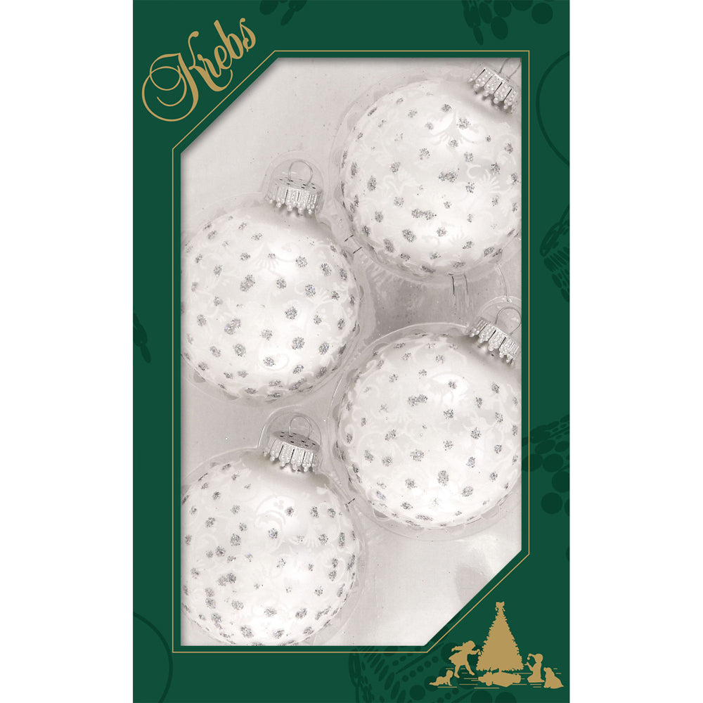 2 5/8" (67mm) Ball Ornaments Silver Pearl with White Lace and Silver Sparkles, 4/Box, 12/Case, 48 Pieces