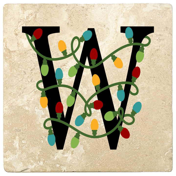 4" Absorbent Square Travertine Monogram Coasters, Christmas lights Design, 2 Sets of 4, 8 Pieces - Christmas by Krebs Wholesale