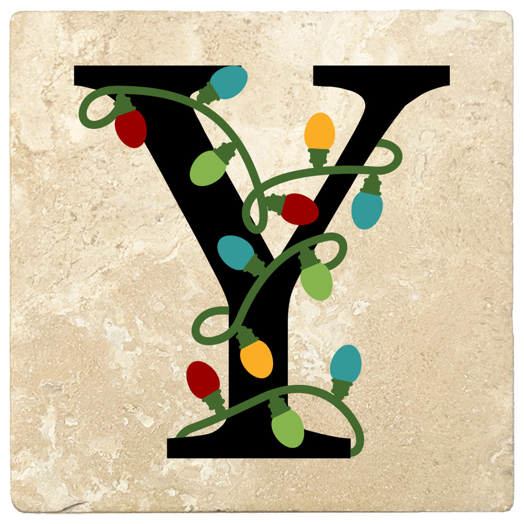 4" Absorbent Square Travertine Monogram Coasters, Christmas lights Design, 2 Sets of 4, 8 Pieces - Christmas by Krebs Wholesale