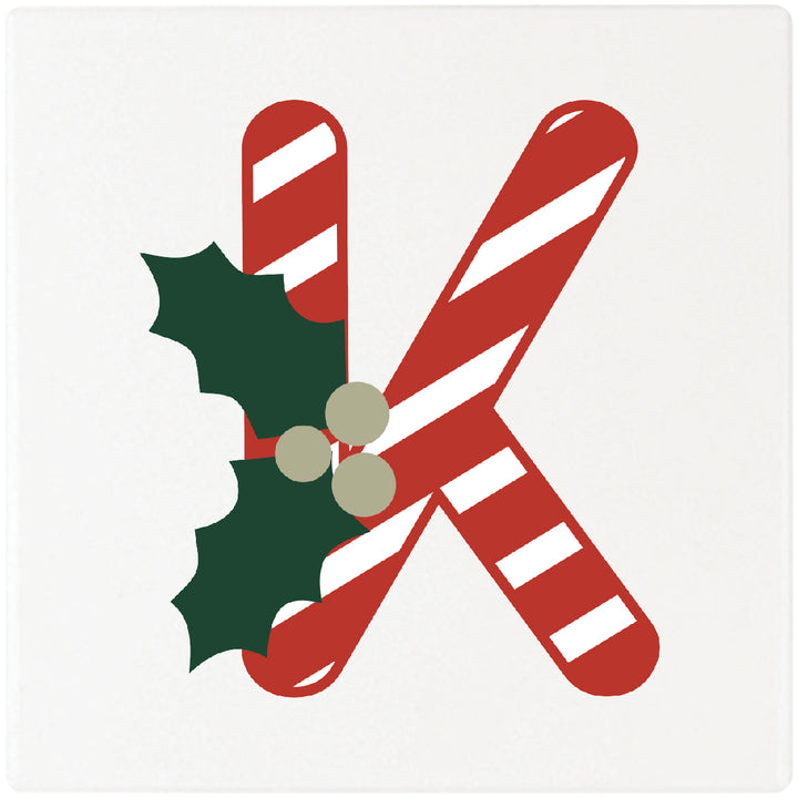4" Absorbent Square Ceramic Monogram Coasters, Candy Cane Design, 2 Sets of 4, 8 Pieces - Christmas by Krebs Wholesale