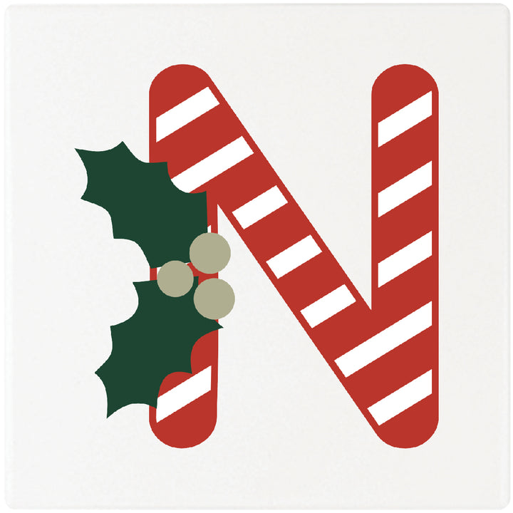 4" Absorbent Square Ceramic Monogram Coasters, Candy Cane Design, 2 Sets of 4, 8 Pieces - Christmas by Krebs Wholesale