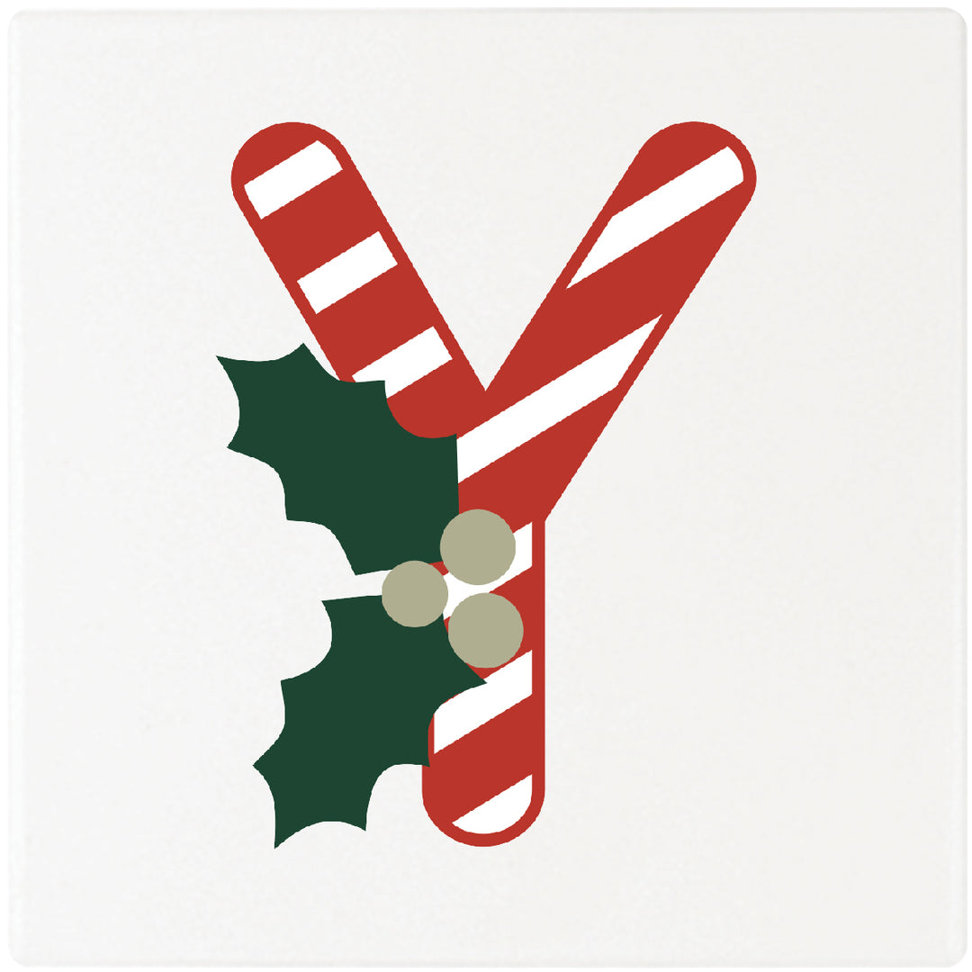4" Absorbent Square Ceramic Monogram Coasters, Candy Cane Design, 2 Sets of 4, 8 Pieces - Christmas by Krebs Wholesale