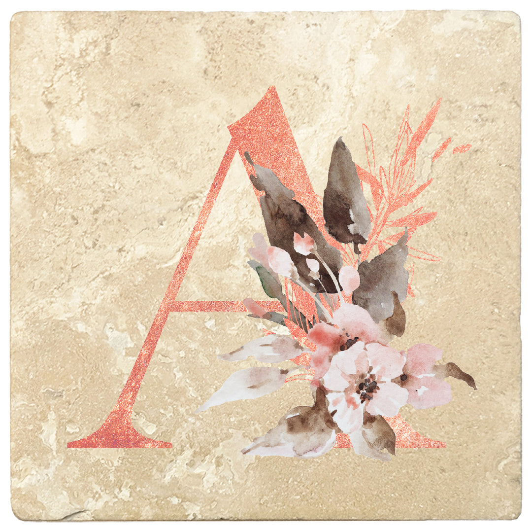 4" Absorbent Stone Monogram Coasters, Floral Rose Gold, 2 Sets of 4, 8 Pieces - Christmas by Krebs Wholesale