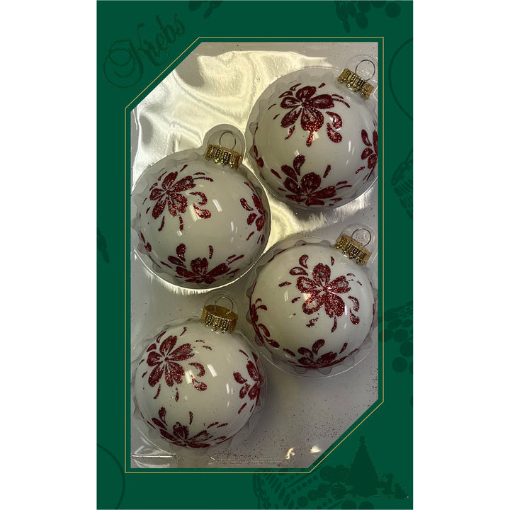 2 5/8" (67mm) Glass Ball Ornaments, Porcelain White with Red Glitter Christmas Flower with Gold Crown Cap, 4/Box, 12/Case, 48 Pieces
