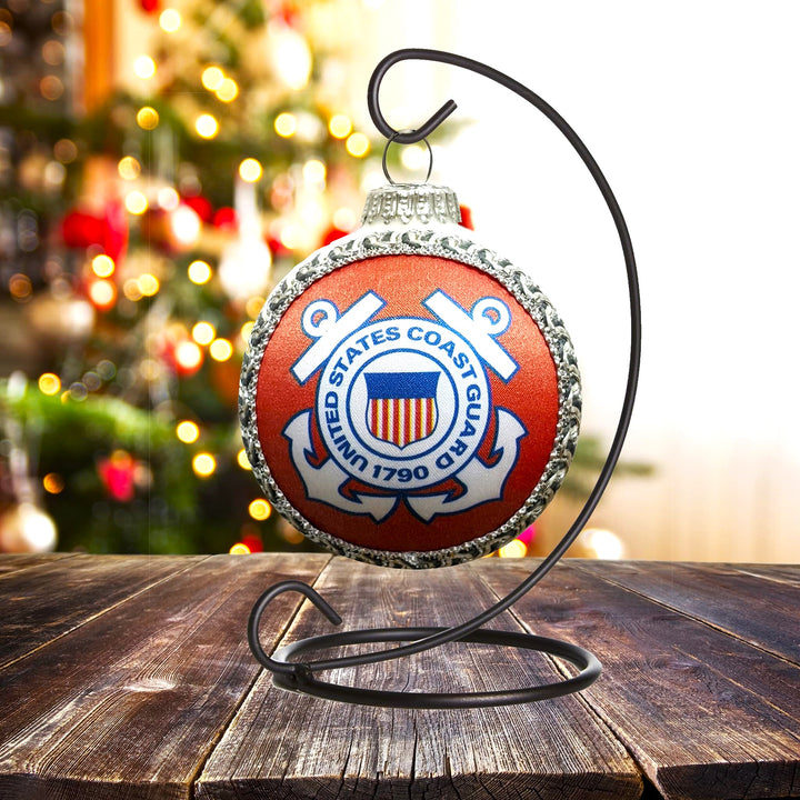 3 1/4" (80mm) Glass Ball Ornaments, White Satin - Silk Coast Guard Logo and Hymn, 1/Box, 12/Case, 12 Pieces