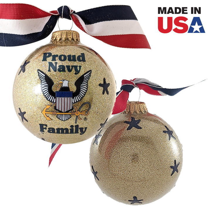 3 1/4" (80mm) Personalizable Hugs Specialty Gift Ornaments, Proud Navy Family with ribbon and all-around decoration, Gold Glitter, 1/Box, 12/Case, 12 Pieces