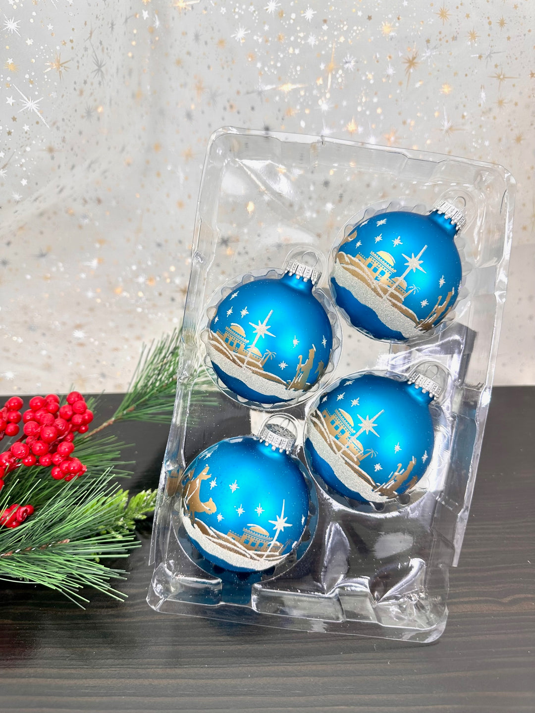 2 5/8" (67mm) Glass Ball Ornaments, Turquoise Bliss with Gold Ink / Glitter Bethlehem Scene, 4/Box, 12/Case, 48 Pieces