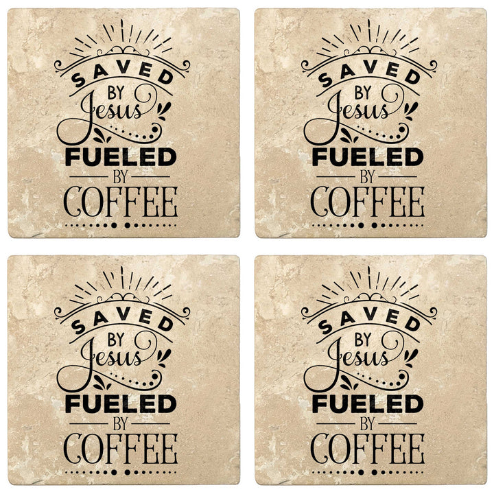 4" Absorbent Stone Religious Drink Coasters, Saved By Jesus, Fueled By Coffee, 2 Sets of 4, 8 Pieces