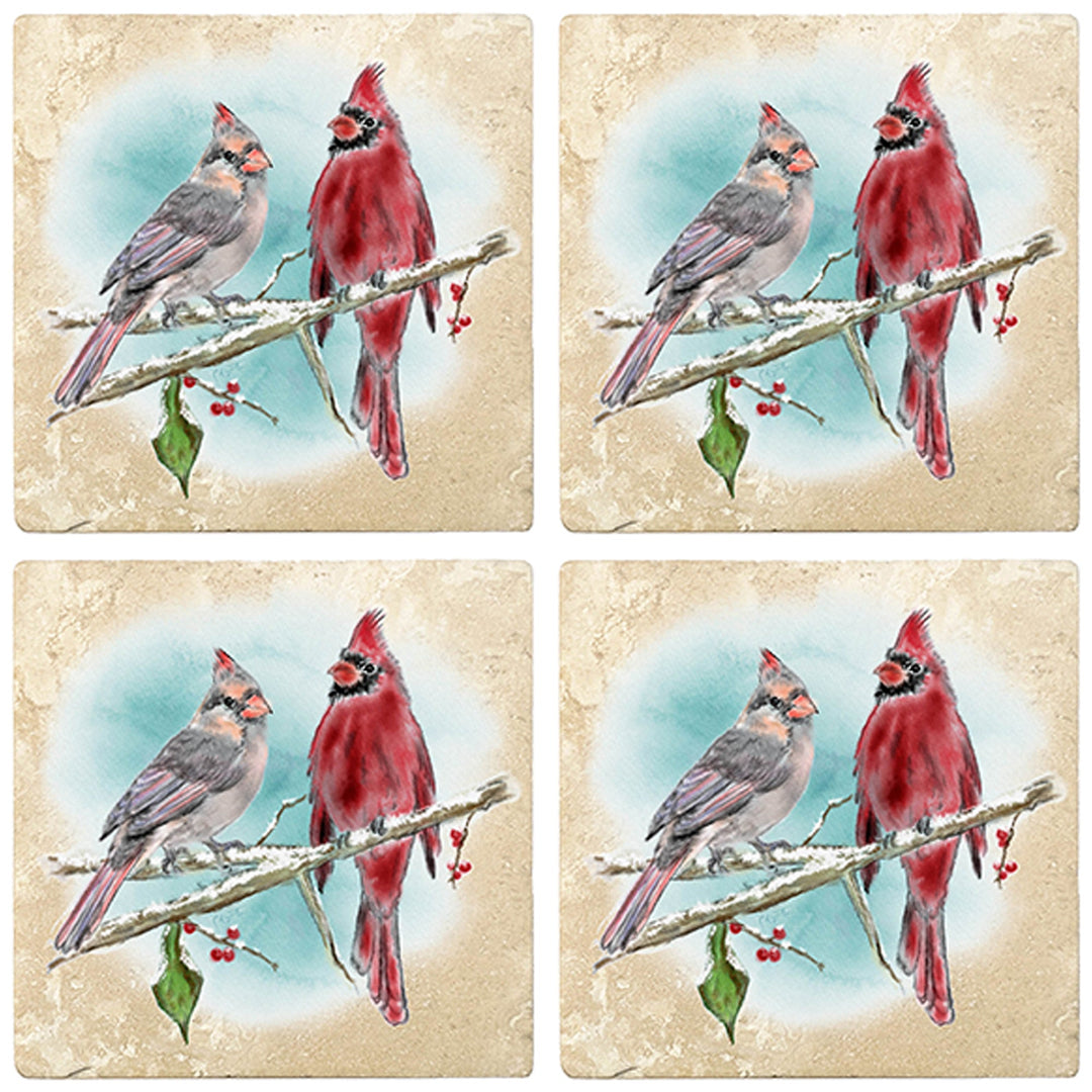 4" Christmas Holiday Travertine Coasters - Two cardinals, 2 Sets of 4, 8 Pieces