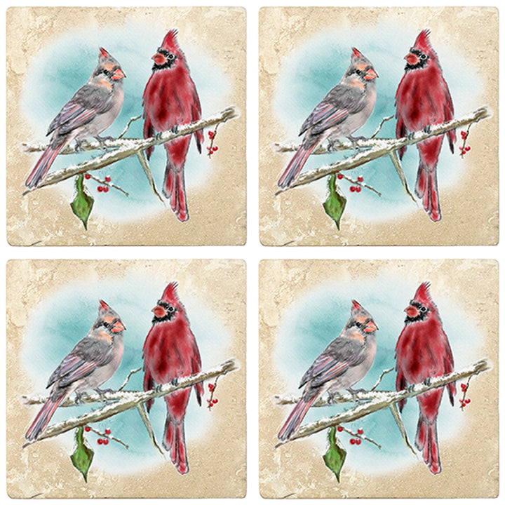 4" Christmas Holiday Travertine Coasters - Two cardinals, 2 Sets of 4, 8 Pieces