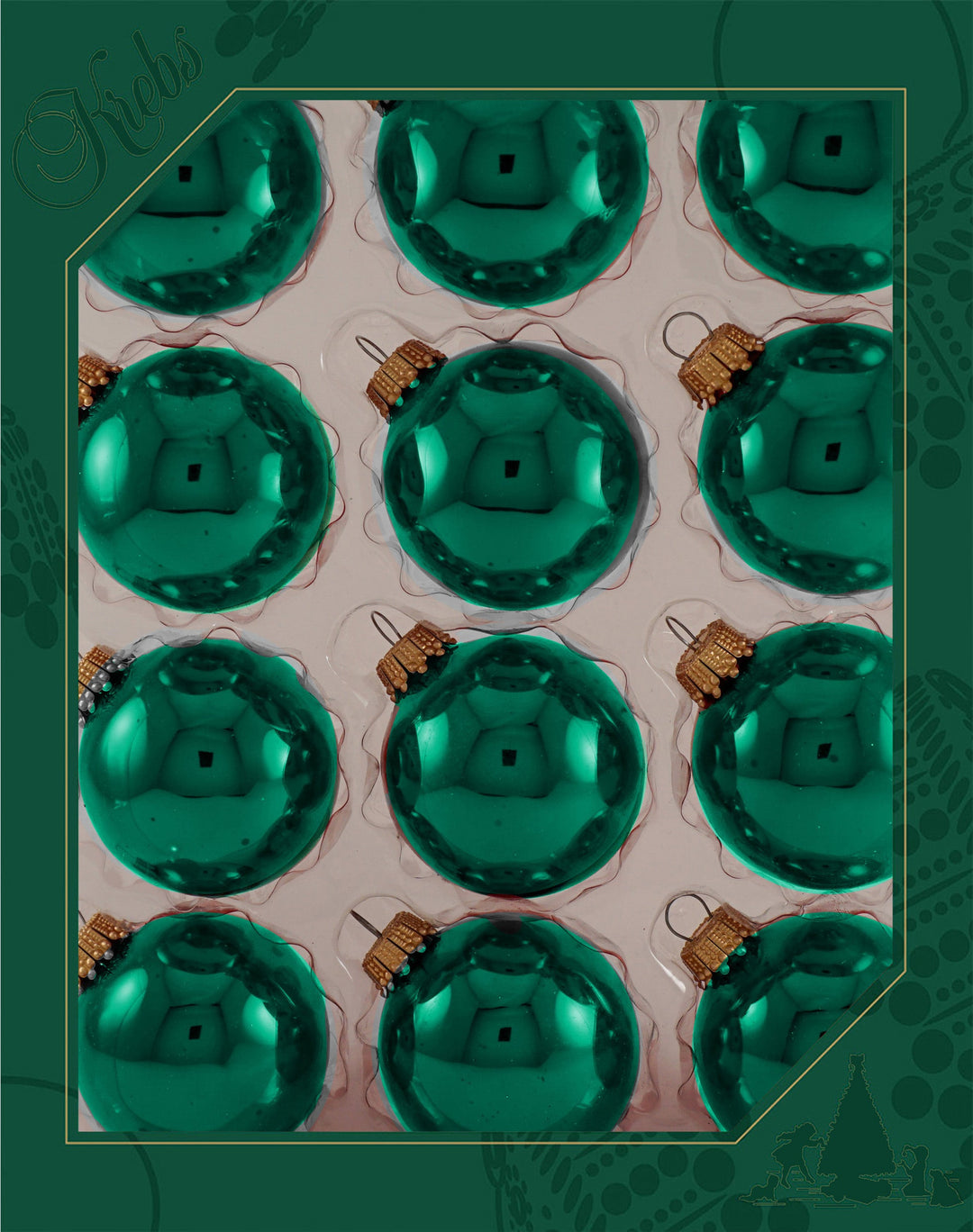 2" (50mm) Ball Ornaments, Gold Caps, Emerald Green, 12/Box, 12/Case, 144 Pieces