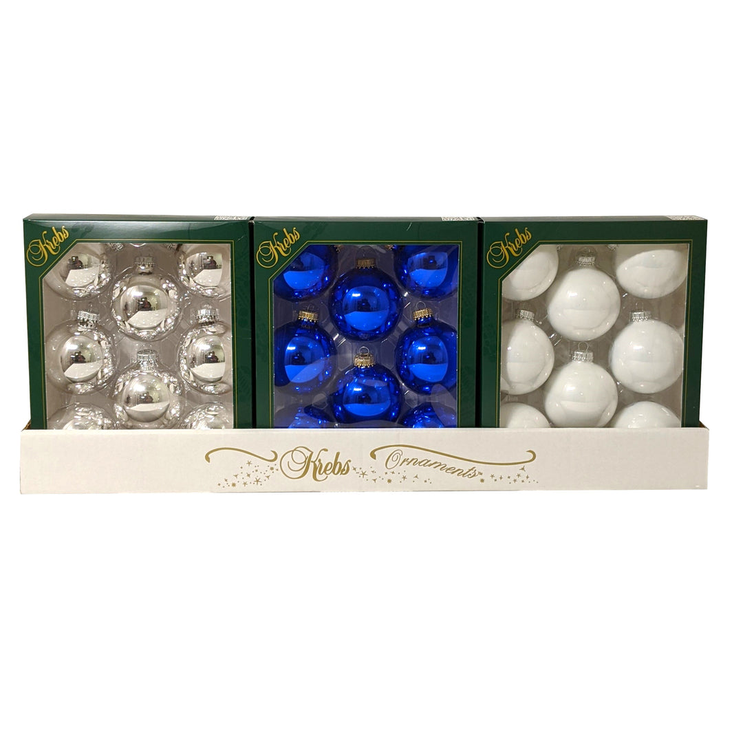 2 5/8" (67mm) Glass Ball Ornaments, Silver/Blue/White - Assortment Displayer, 8/Box, 12/Case, 96 Pieces