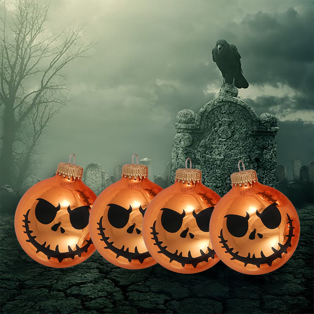 2 5/8" (67mm) Halloween Ball Ornaments Solid Orange Crush with Scary Faces 4/Box, 12/Case, 48 Pieces