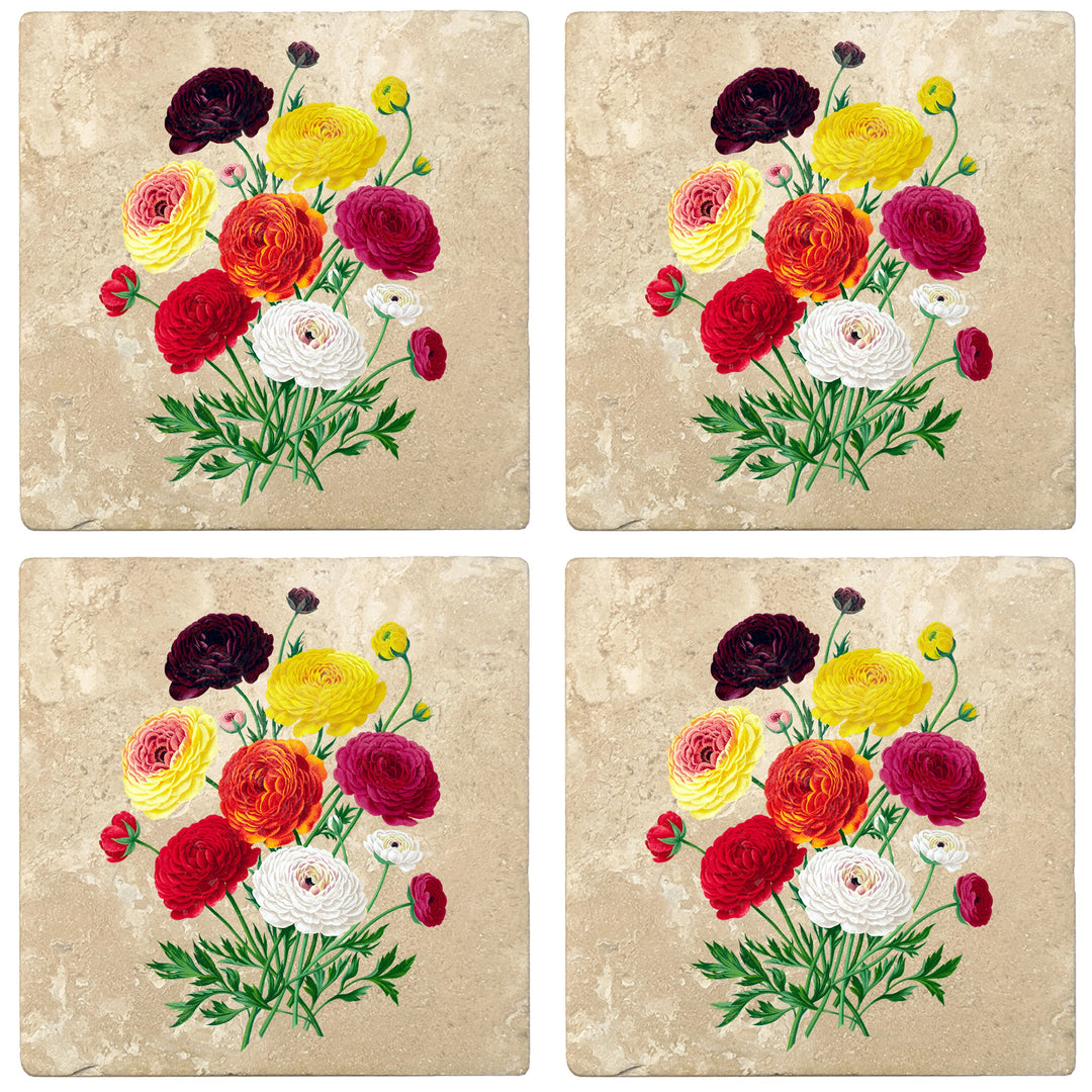 4" Absorbent Stone Flower Designs Drink Coasters, Double French Ranunculus Bouquet, 2 Sets of 4, 8 Pieces
