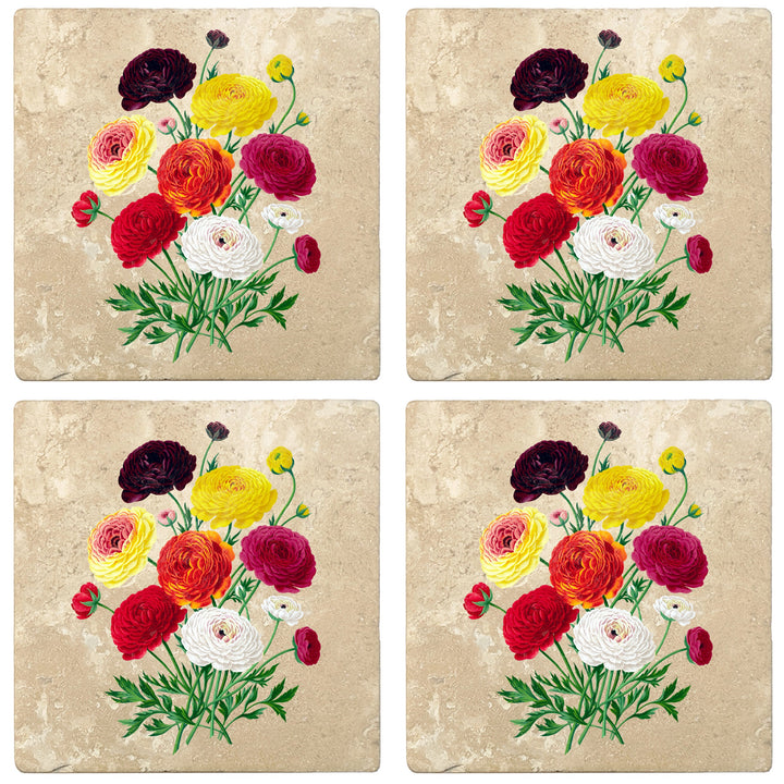 4" Absorbent Stone Flower Designs Drink Coasters, Double French Ranunculus Bouquet, 2 Sets of 4, 8 Pieces