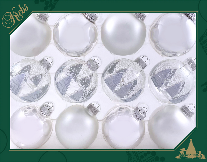 2 5/8" (67mm) Ball Ornaments, Silver with Silver / White Festive Trees Variety Set, 12/Box, 12/Case, 144 Pieces