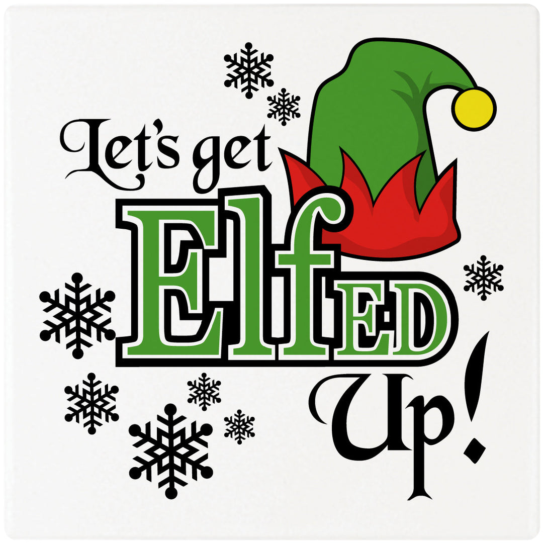4" Square Cermaic Christmas Humor Coaster Set, Let's Get Elfed Up!, 2 Sets of 4, 8 Pieces