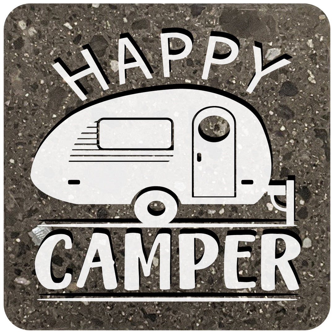 4" Square Black Stone Coaster - Happy Camper, 2 Sets of 4, 8 Pieces