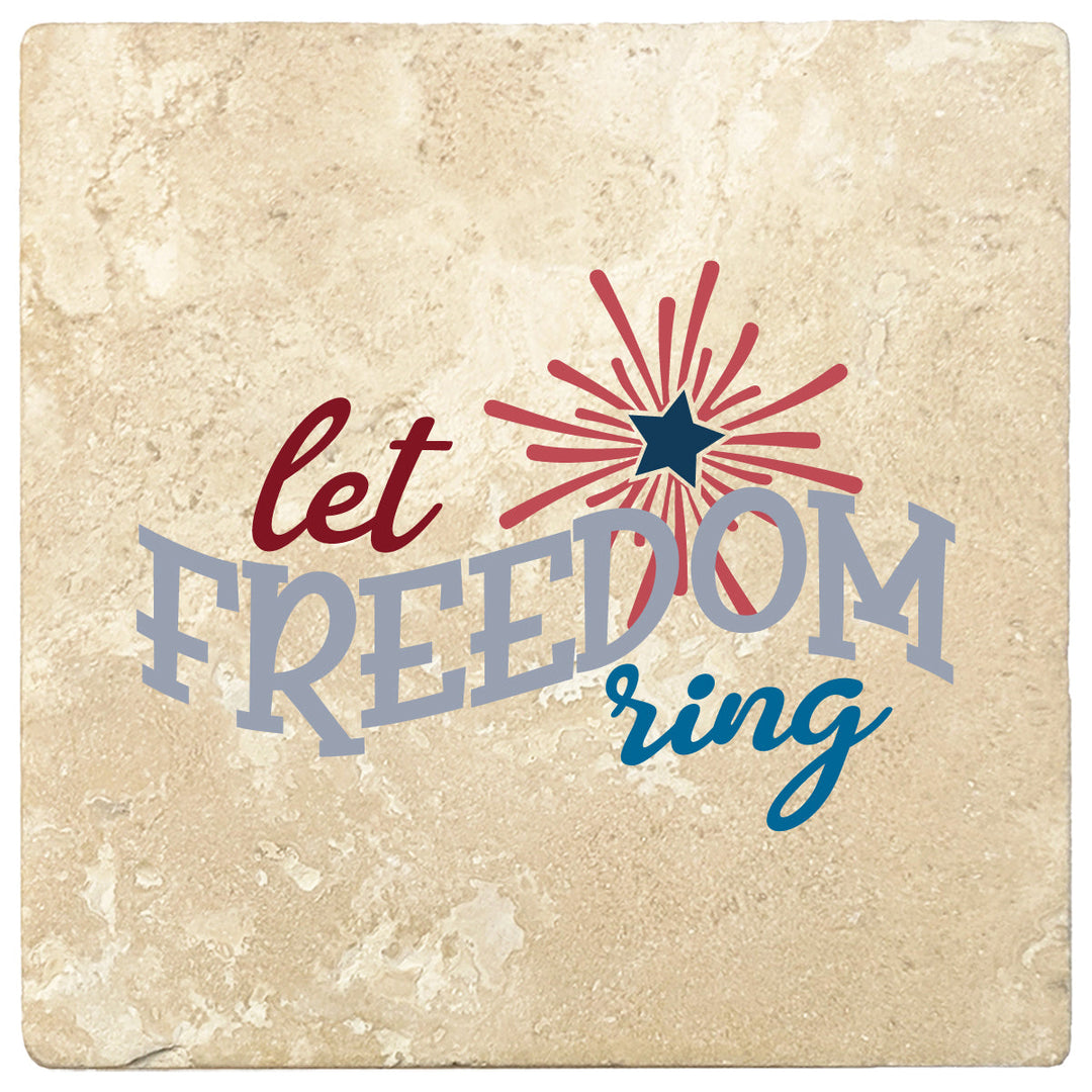 4 Inch Square Travertine Let Freedom Ring, 2 Sets of 4, 8 Pieces