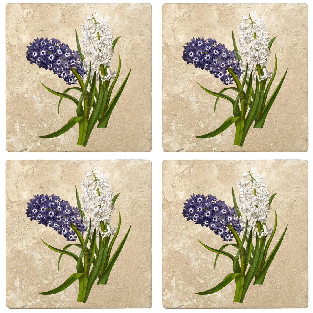 4" Absorbent Stone Flower Designs Drink Coasters, Purple White Hyacinths, 2 Sets of 4, 8 Pieces