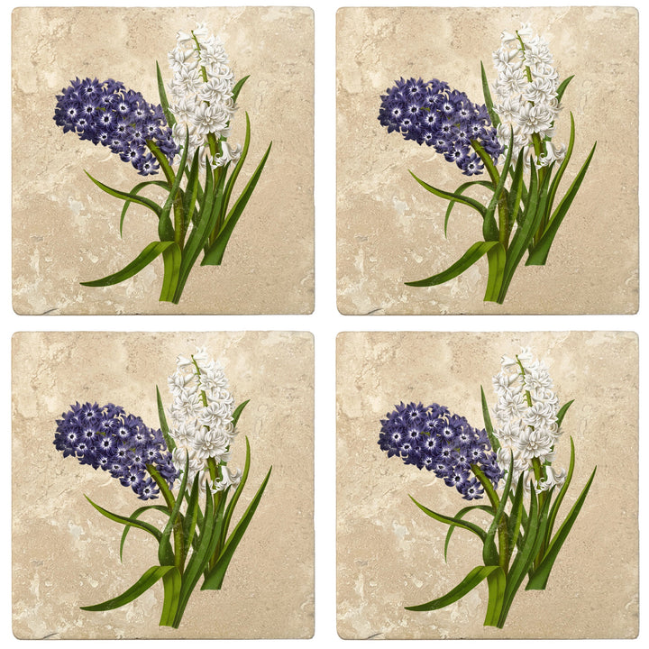 4" Absorbent Stone Flower Designs Drink Coasters, Purple White Hyacinths, 2 Sets of 4, 8 Pieces