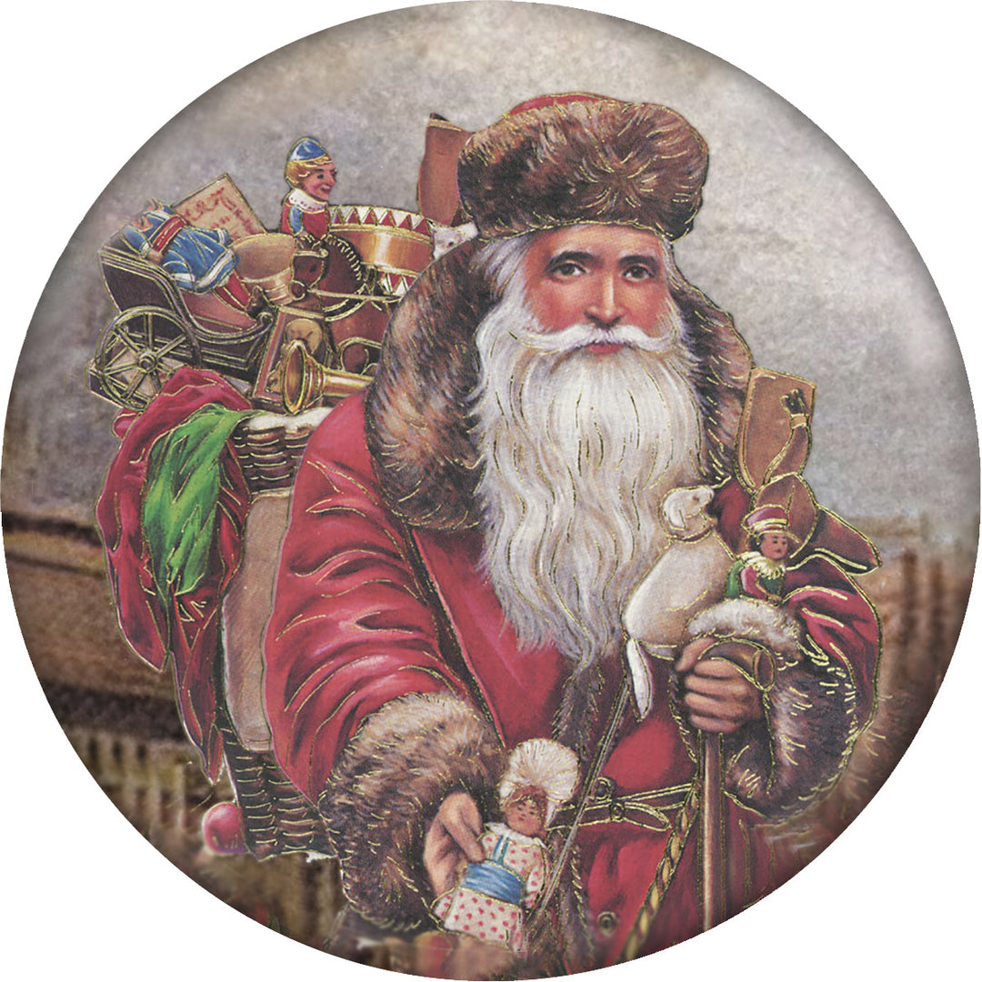 4 Inch Round Ceramic Coaster Set, Historic Santa with Gift Bag on Back, 2 Sets of 4, 8 Pieces
