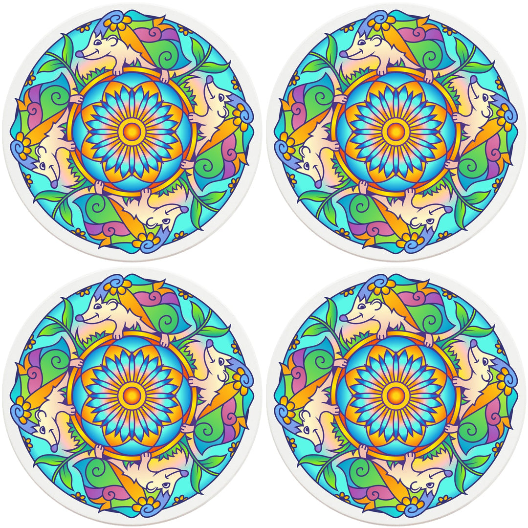 4" Round Ceramic Coasters - Mandala Hedgehog, 4/Box, 2/Case, 8 Pieces