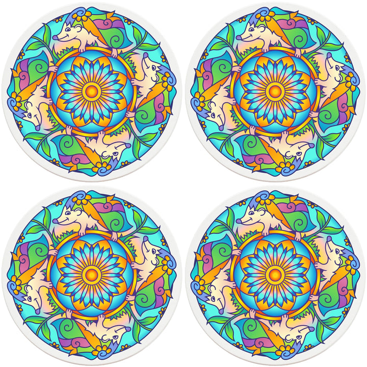 4" Round Ceramic Coasters - Mandala Hedgehog, 4/Box, 2/Case, 8 Pieces