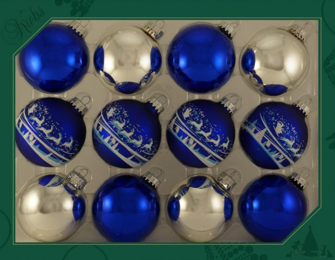 2 5/8" (67mm) Ball Ornaments, Blue/White with Santa Over Village Variety Set, 12/Box, 12/Case, 144 Pieces